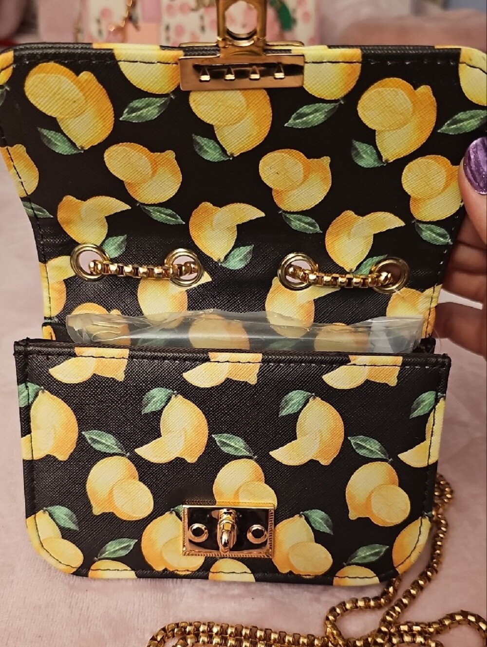 Black Lemon-Print Crossbody Bag with Gold Chain Strap -1 Free Bag Charm Included - Picture 5 of 7